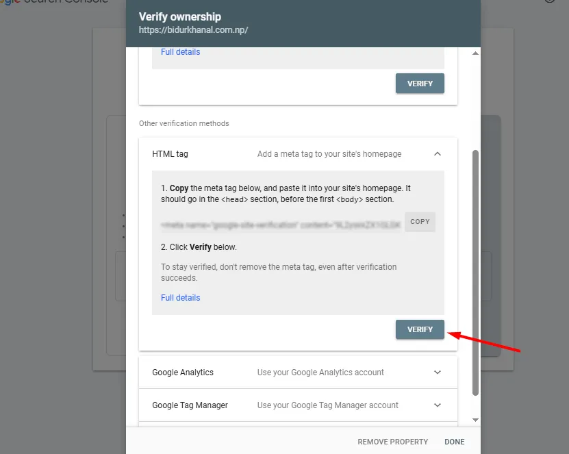 click on verify to verify the website