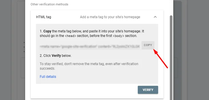 copy the html tag code for search console
