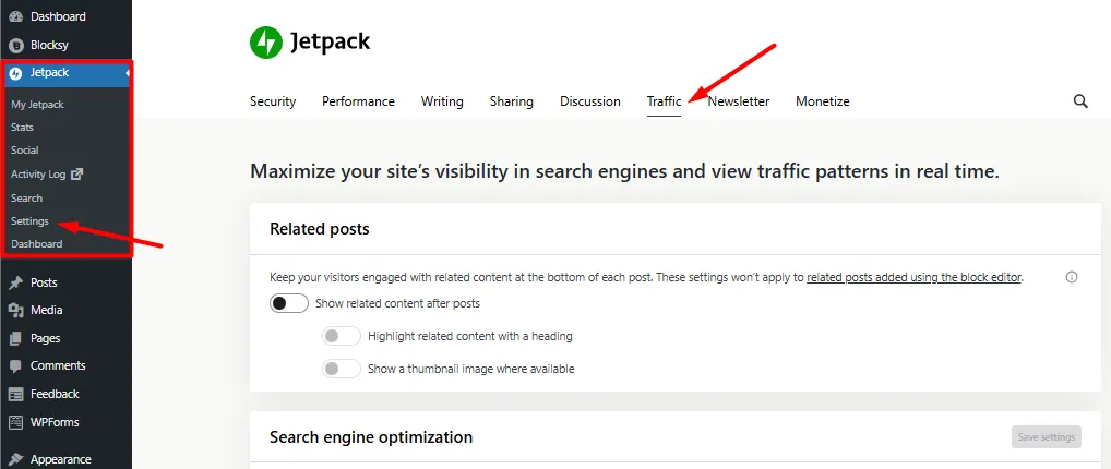go to jetpack settings and traffic tab