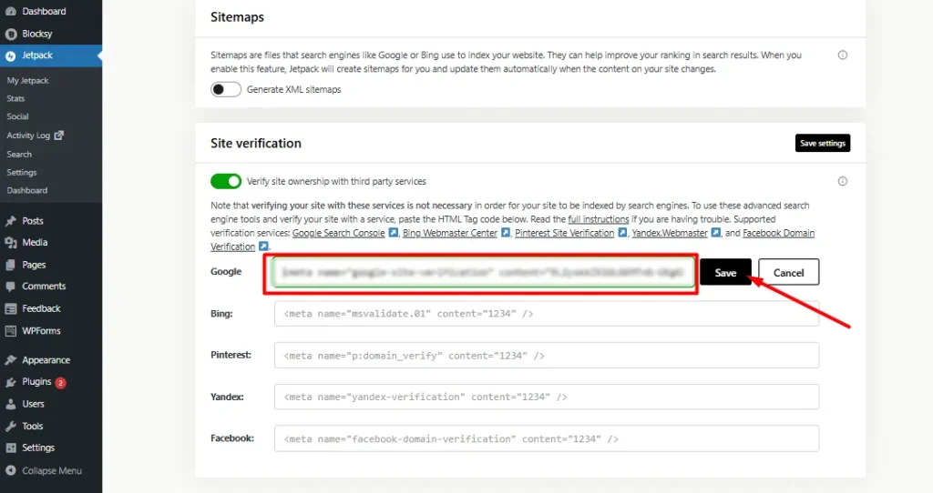 paste verification code and save it to install google search console for wordpress websites