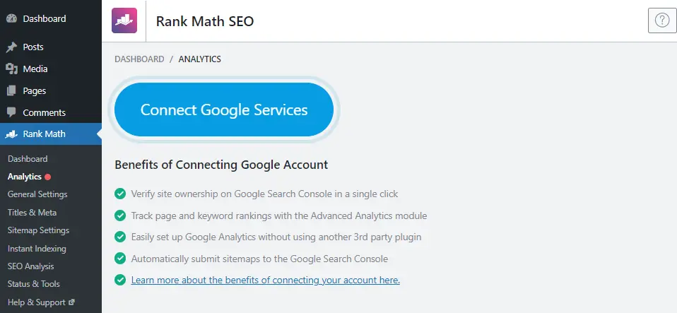Connect Rank Math to Google from Analytics Tab