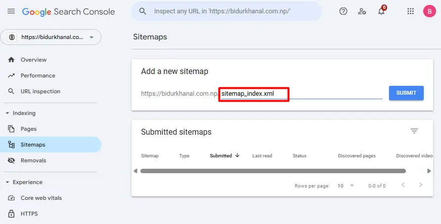 enter the sitemap url on google search console