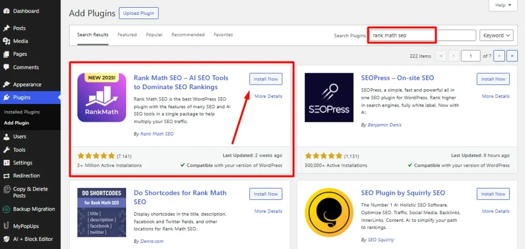 install rank math seo plugin